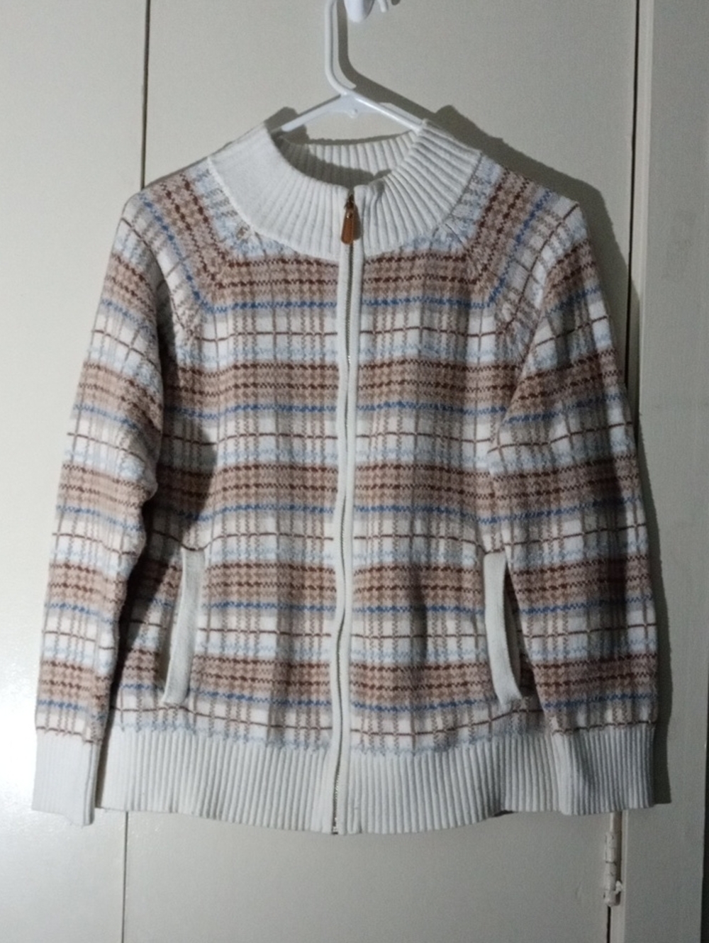Talbots Cream, Brown & Light Blue Plaid Zip Cardigan 1X
